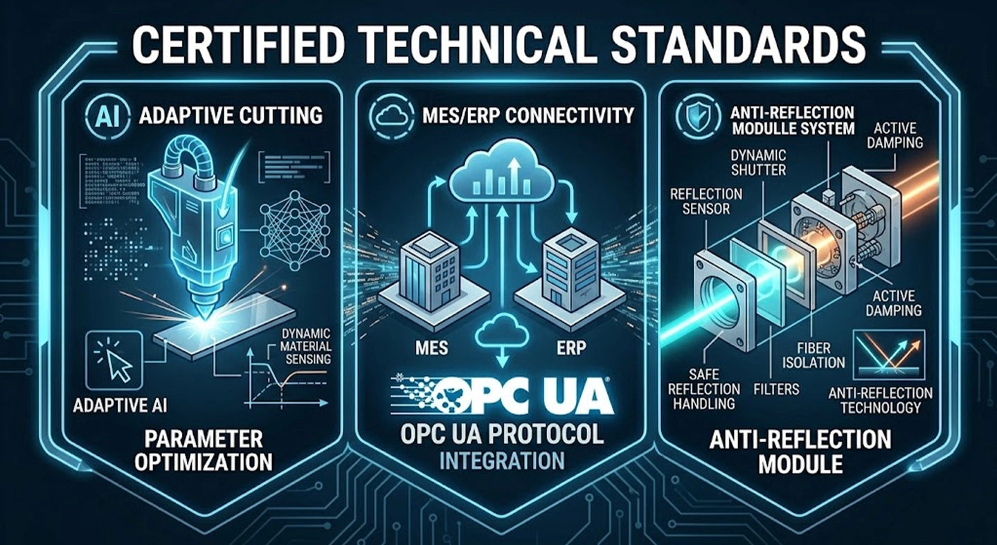 Visualization of 2026 Global Fiber Laser Technical Standards. Three distinct panels outline mandatory features: 1. AI Intelligence (Adaptive Cutting, 95% Smart Nesting), 2. Digital Integration (MES/ERP Connectivity, OPC UA icon), 3. Structural Integrity (Heavy-Duty Bed Mandatory, Anti-Reflection Technology). Crucial for smart factory compliance in advanced industrial zones.