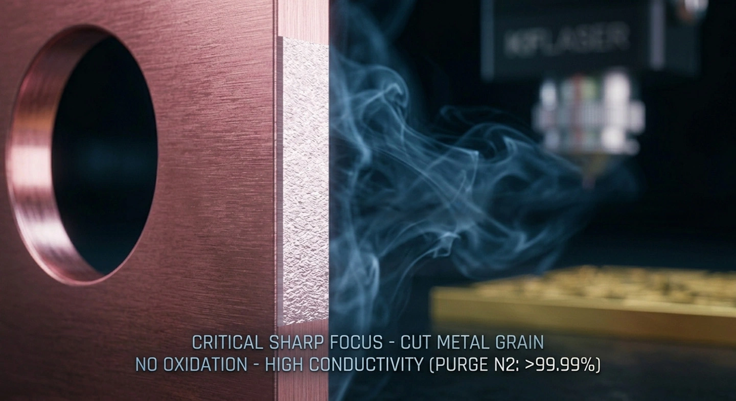 Macro view of a silver-pink, non-oxidized edge achieved through nitrogen-assisted Copper Laser Cutting.