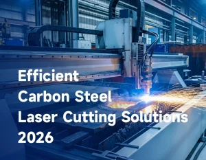 A high-power fiber laser cutting head processing a thick carbon steel plate with golden sparks in a modern factory.