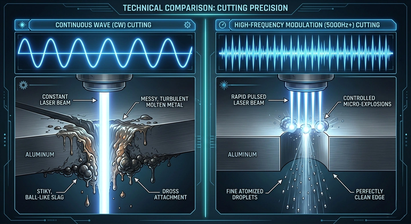 Side-by-side comparison of dross-heavy vs. dross-free Aluminum Laser Cutting using Frequency Modulation.