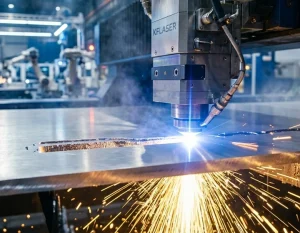 KF Laser 20kW fiber laser machine performing high-speed Aluminum Laser Cutting on thick alloy plates with intense sparks.