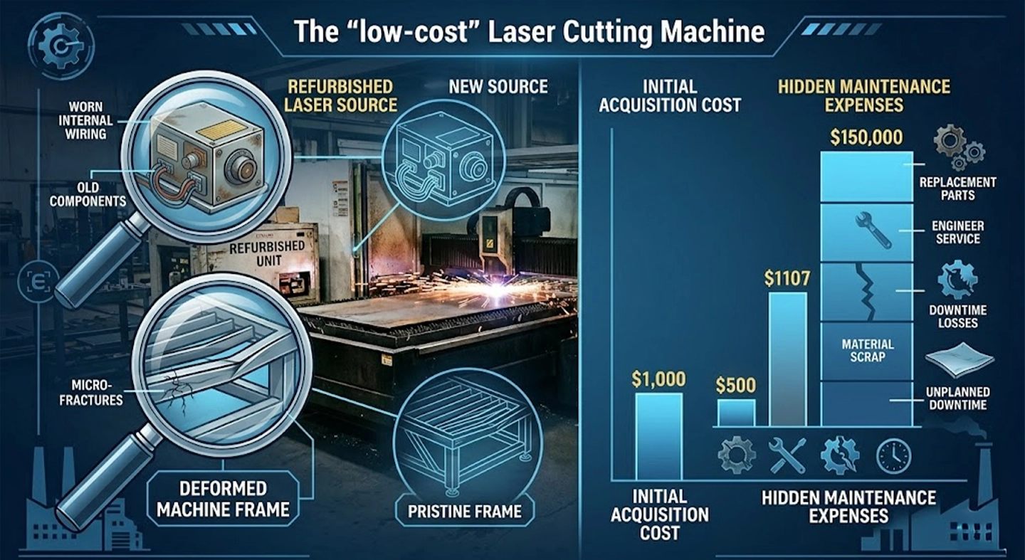 Chapter strategic sourcing warning. An illustration showing a magnified low-price laser cutting machine with text labels highlighting hidden costs: refurbished component, warped frame, price vs total cost of ownership (TCO) graph, and cheap machine pitfalls. Targeted at procurement in Asia-Pacific manufacturing.