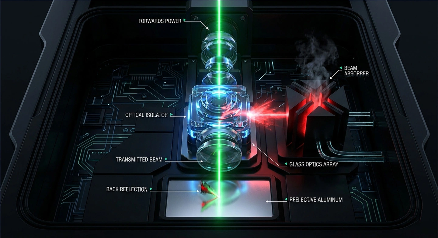 Technical diagram of back-reflection protection and optical isolators in Aluminum Laser Cutting systems.