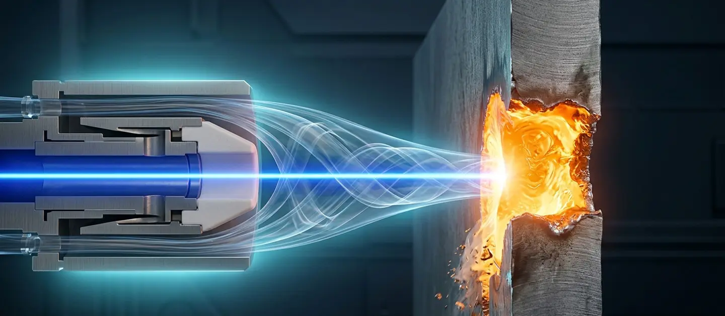 Diagram showing the exothermic reaction between oxygen gas and iron during the carbon steel laser cutting process.