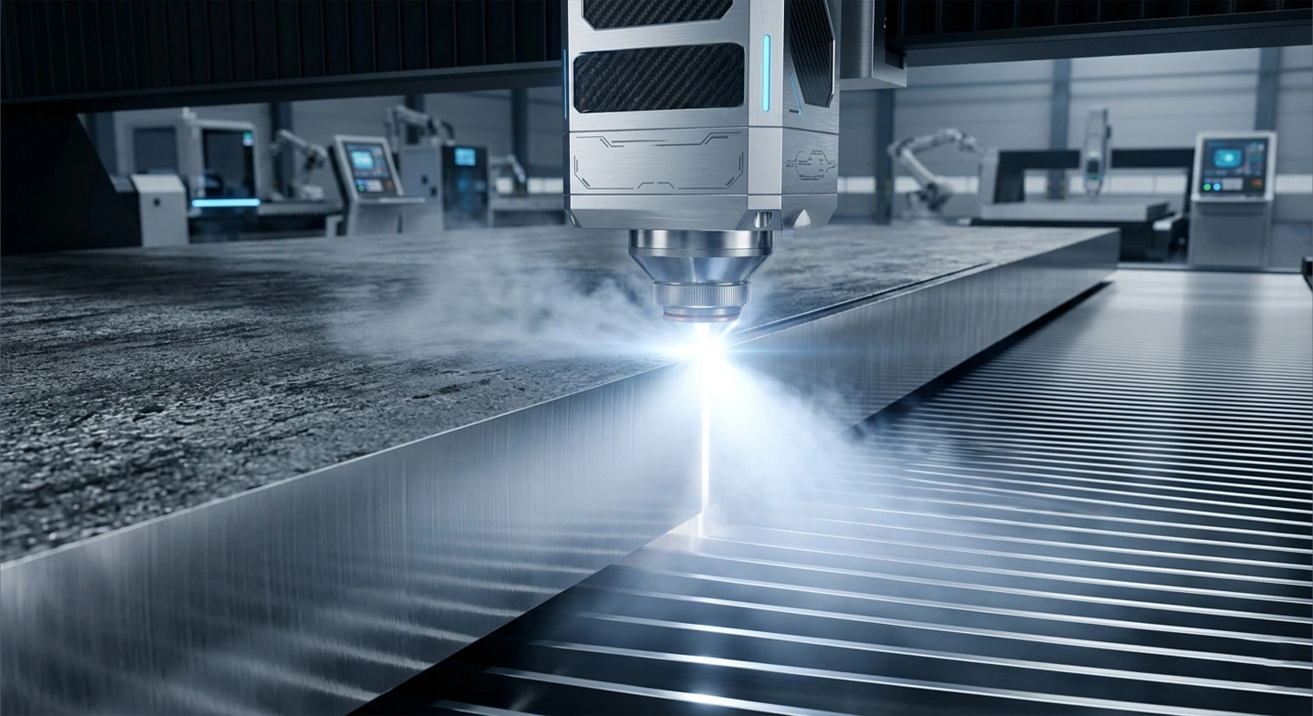 A smooth cross-section of a 30mm thick plate processed via 20kW Aluminum Laser Cutting.