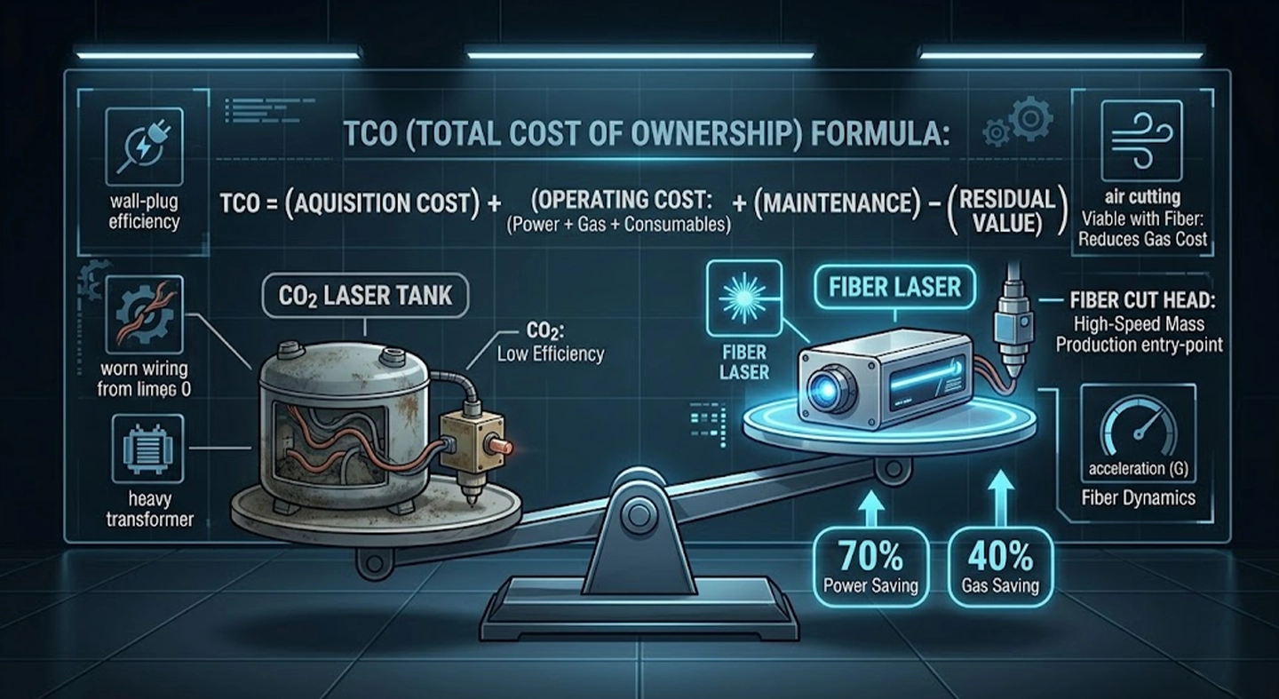 Visual guide to Chapter 3 for calculating Return on Investment (ROI) and Total Cost of Ownership (TCO) for modern laser machines. Features a 3D balance scale comparing an old CO2 laser (high TCO, high power use) against a fiber laser (low TCO, 40% wall-plug efficiency, 70% power savings, 40% air cutting gas savings). A TCO formula is included for global CFOs.