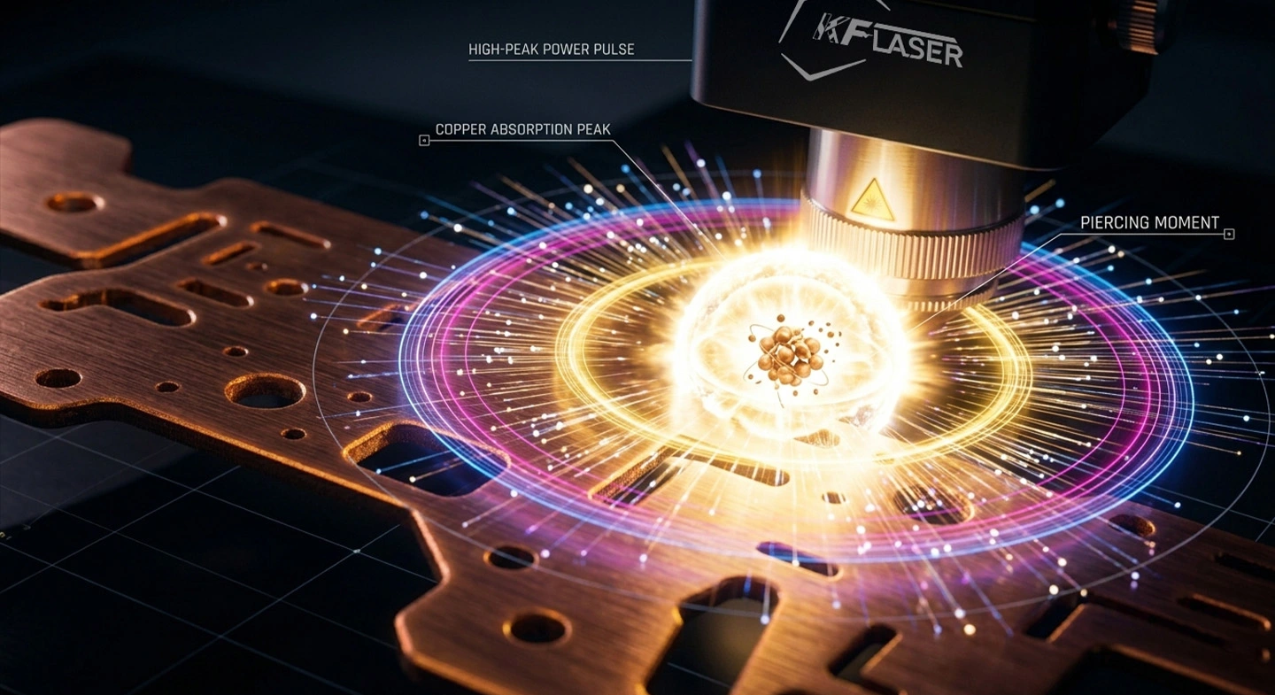 Visualization of high-peak-power pulses overcoming the high reflectivity of pure copper during Copper Laser Cutting.