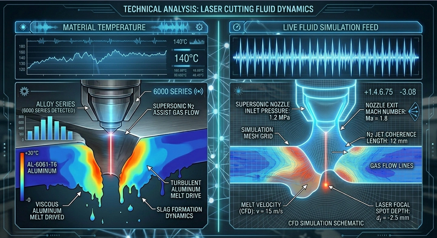AI interface monitoring real-time parameters for adaptive Aluminum Laser Cutting on 6000 series alloys.