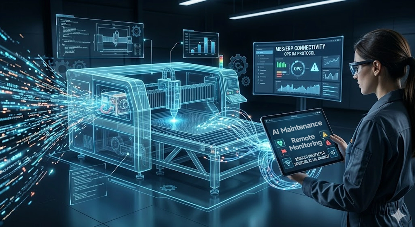 Visualization of 2026 Global Fiber Laser Technical Standards. Three distinct panels outline mandatory features: 1. AI Intelligence (Adaptive Cutting, 95% Smart Nesting), 2. Digital Integration (MES/ERP Connectivity, OPC UA icon), 3. Structural Integrity (Heavy-Duty Bed Mandatory, Anti-Reflection Technology). Crucial for smart factory compliance in advanced industrial zones.