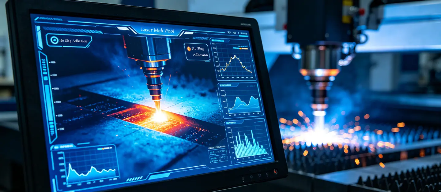 A digital monitor showing AI real-time monitoring of the melt pool during stainless steel laser cutting.