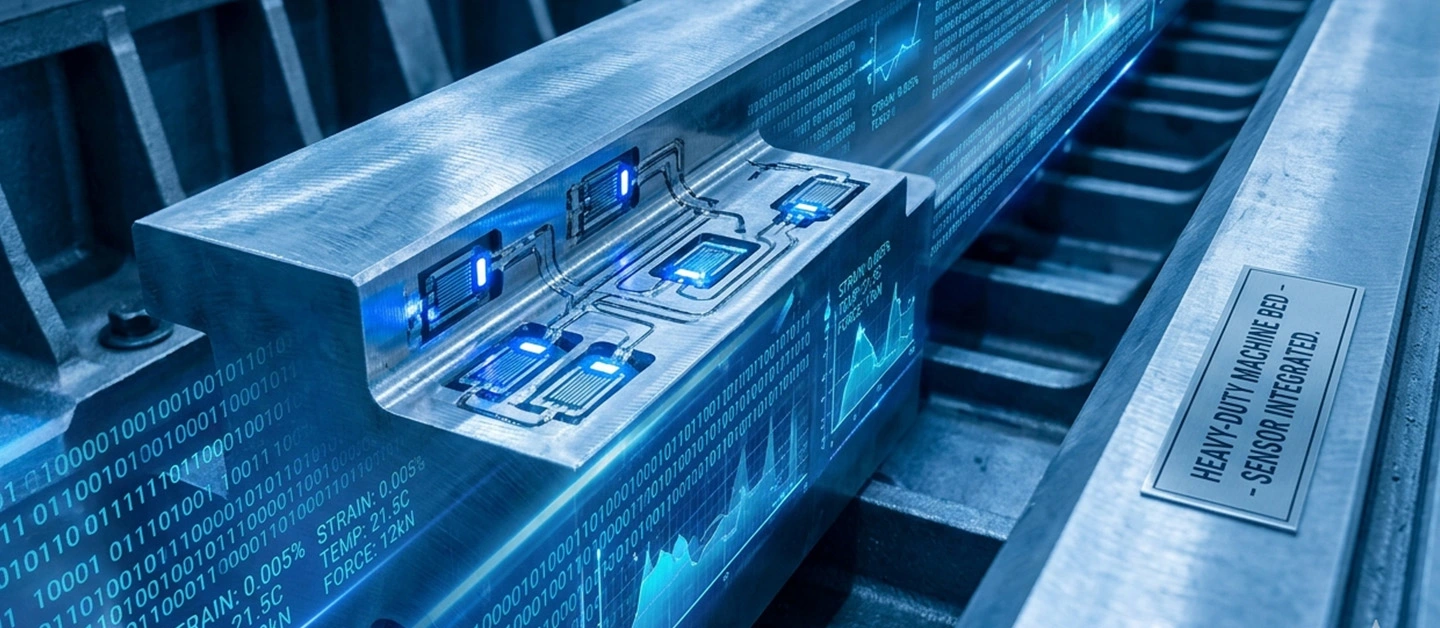 Integrated sensors and strain gauges within a heavy-duty machine bed for AI health monitoring.