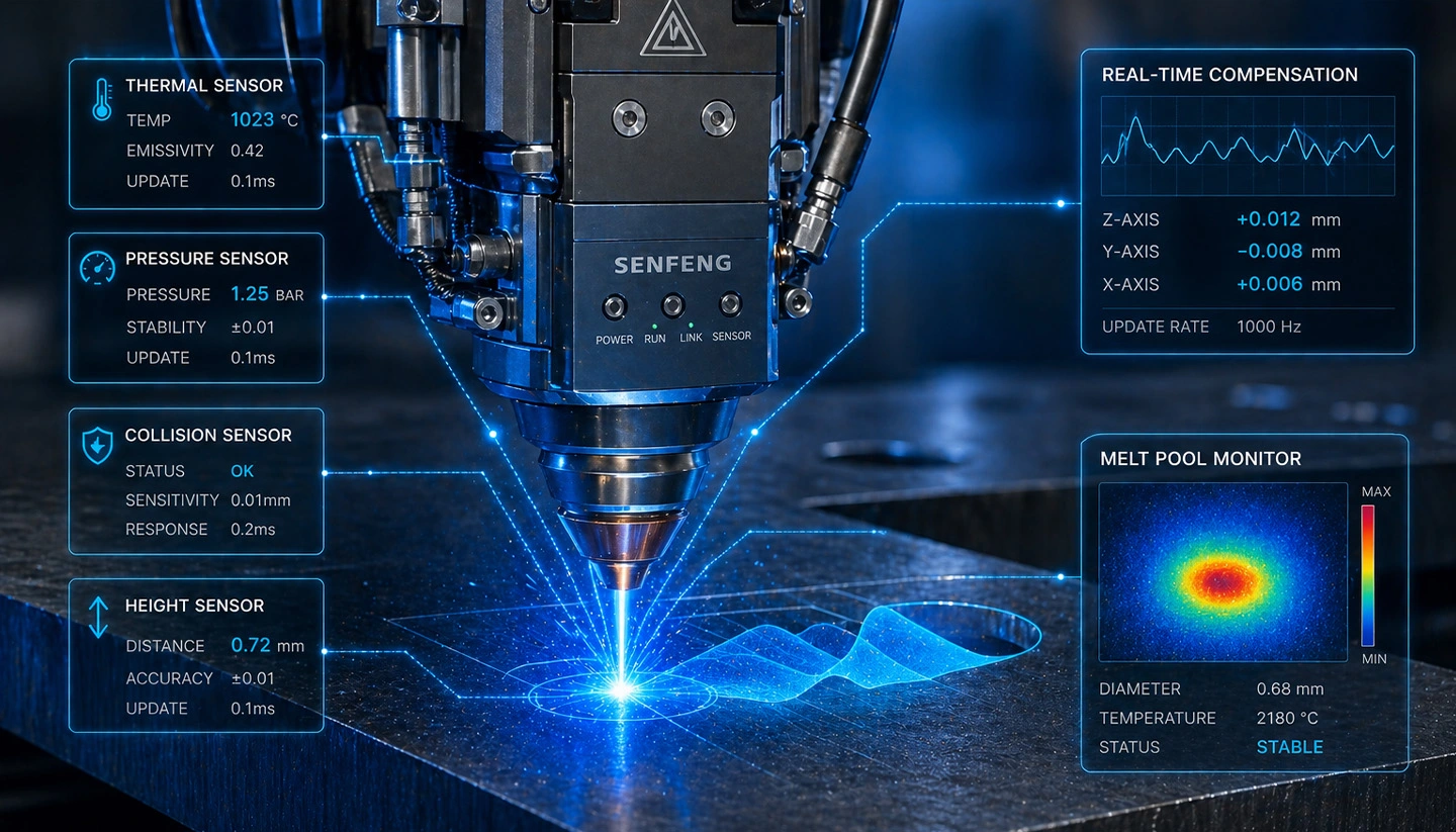 AI-driven thermal sensors on a laser head monitoring a thick plate laser cutting path.