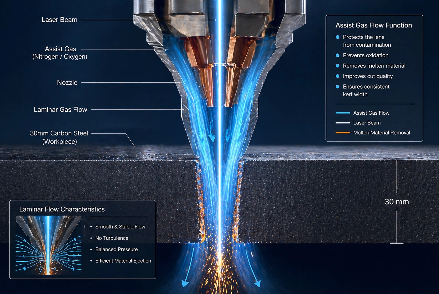 Fluid dynamics visualization of oxygen and nitrogen gas flow in thick plate laser cutting.