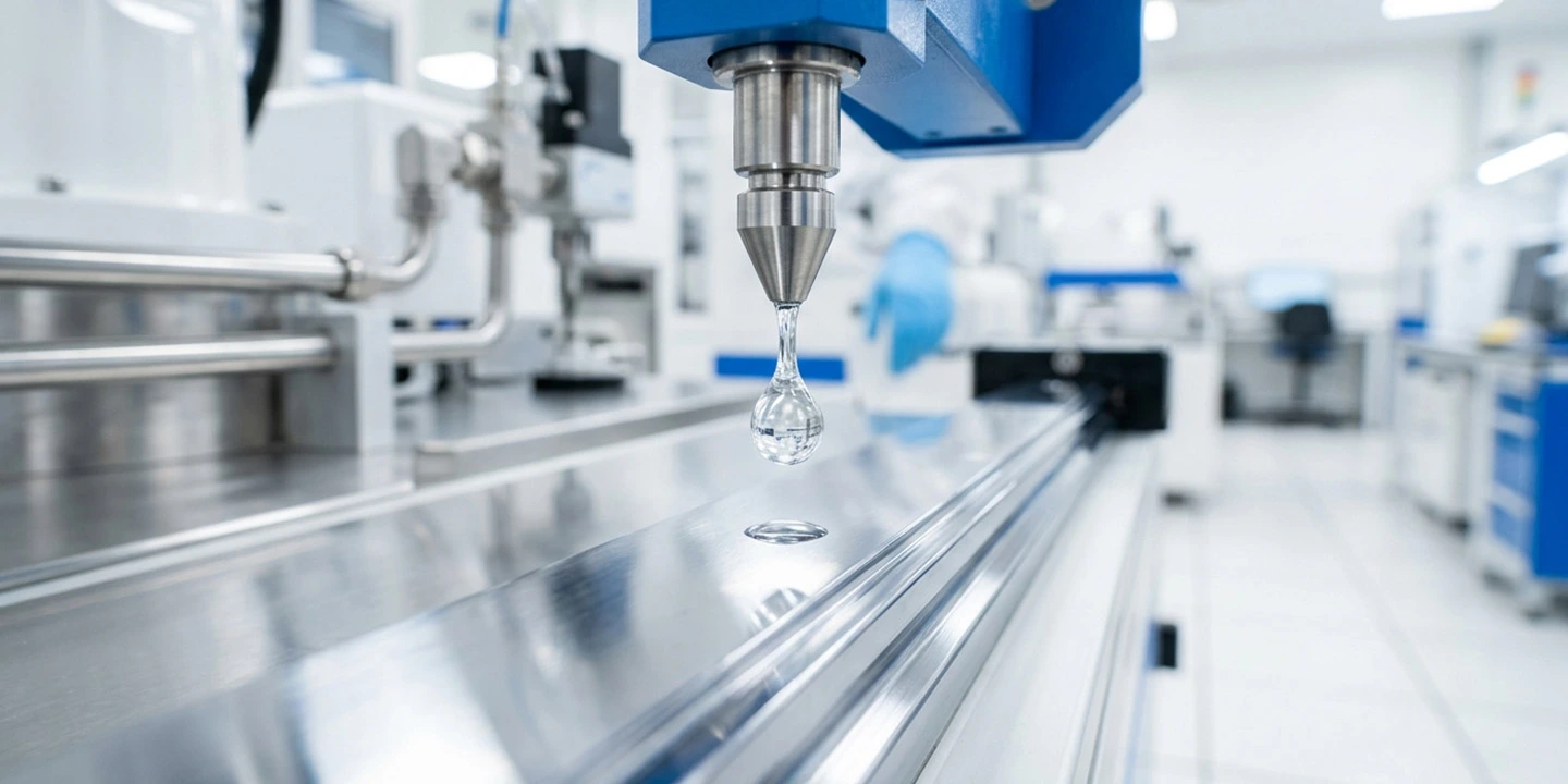 Automatic lubrication system applying grease to high-speed laser machine guide rails.