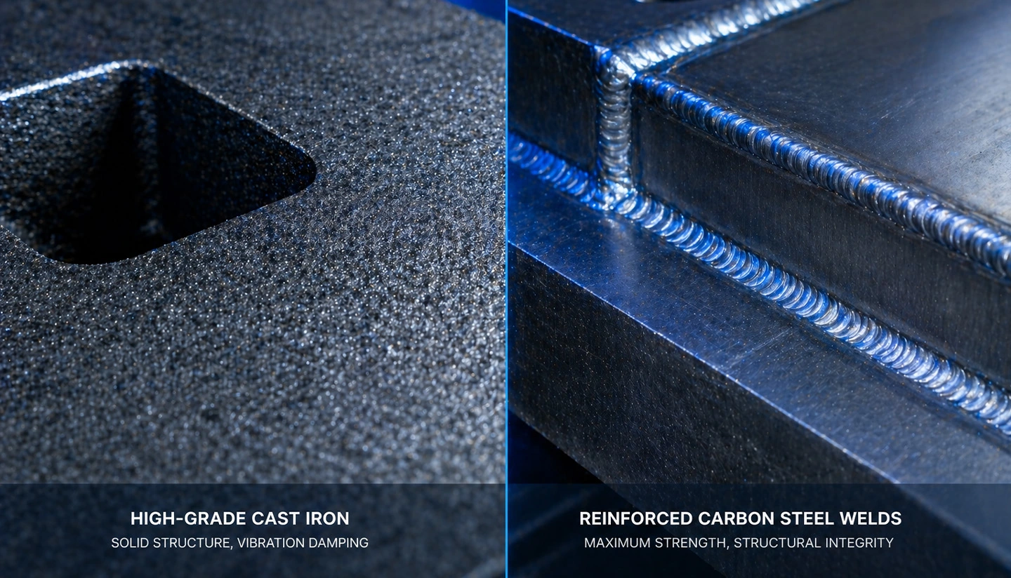 Comparison of cast iron damping capacity vs. reinforced plate-welded machine bed rigidity.