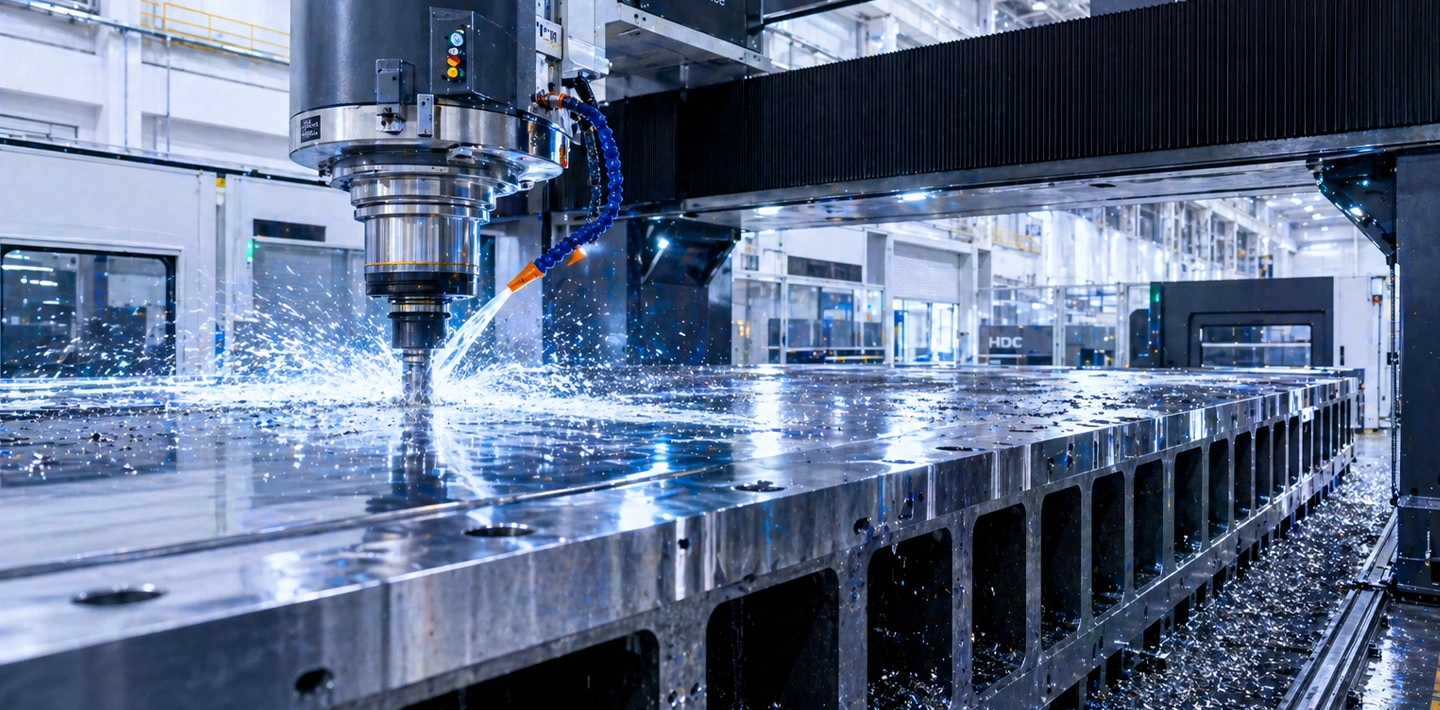 A large CNC gantry milling machine finishing the mounting surfaces of a heavy-duty machine bed.