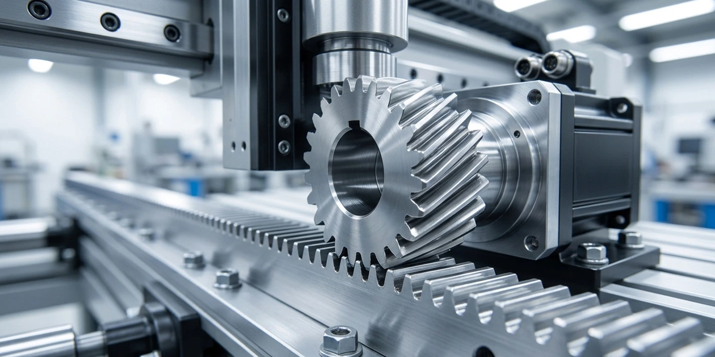 High-precision helical racks and pinions machined to Grade 5 precision for smooth laser motion.