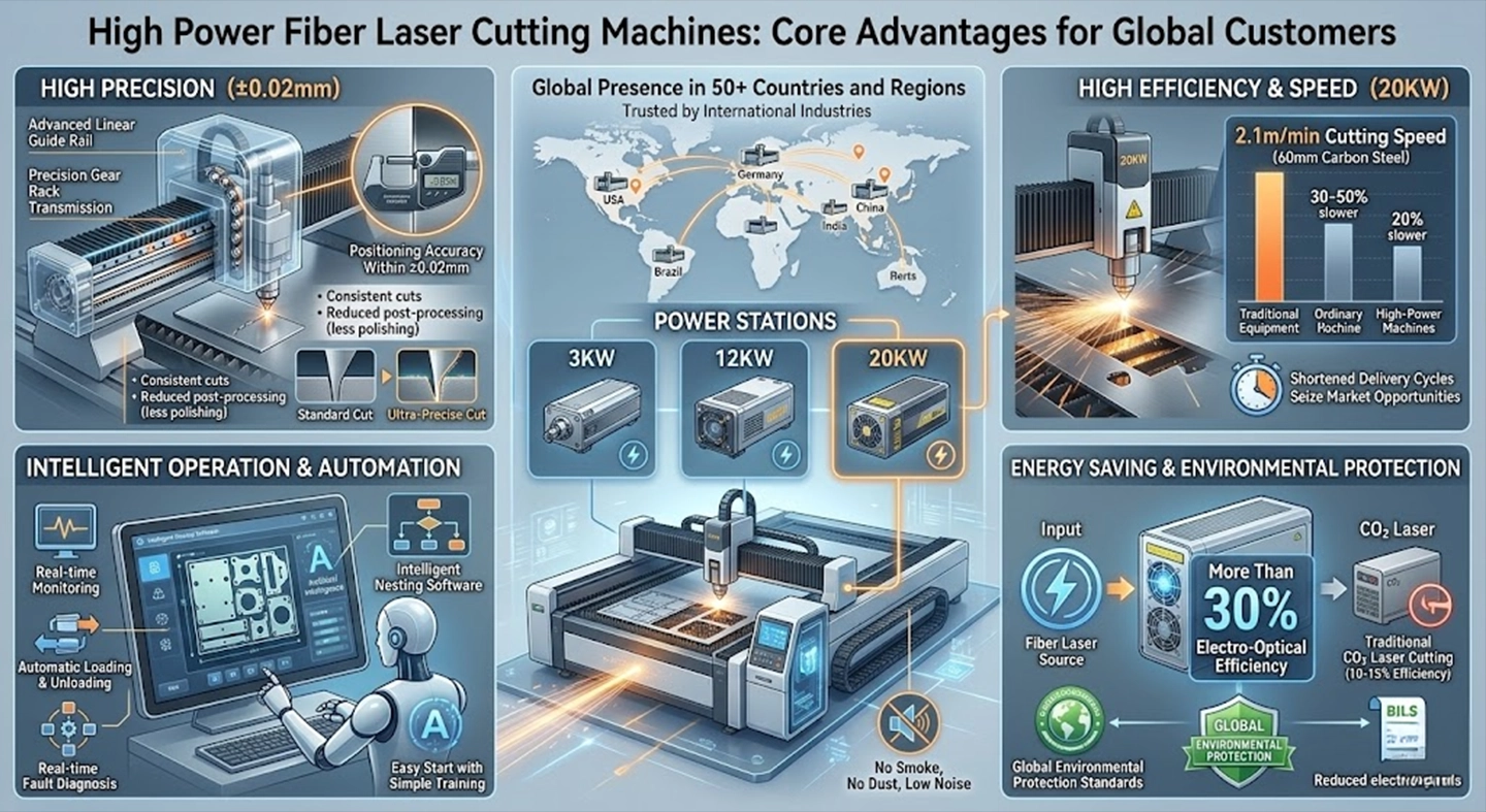 20kW fiber laser cutting machine processing 50mm thick carbon steel plate for heavy industrial application.
