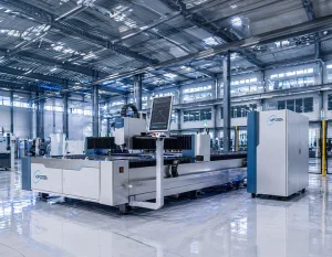 A high-performance servo motor integrated into a fiber laser machine gantry in a bright smart factory.