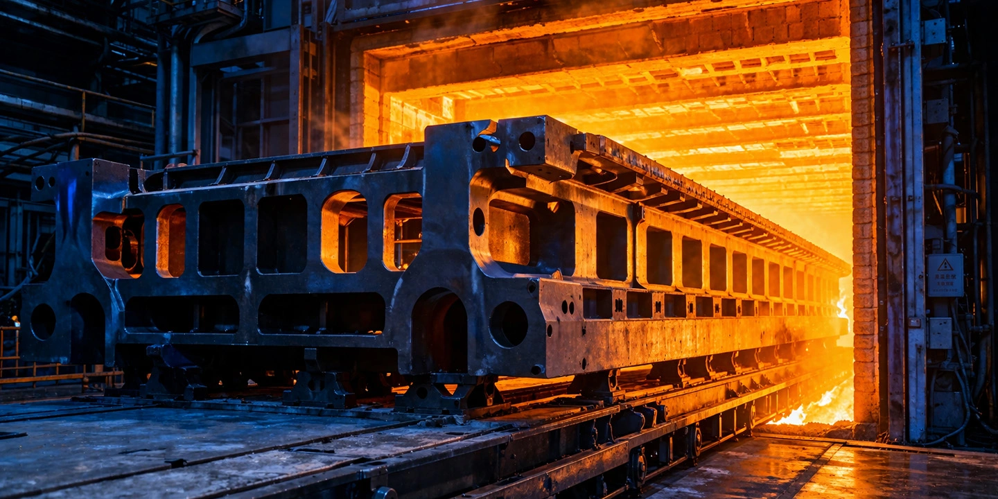 Heavy-duty laser machine bed undergoing 600-degree Celsius high-temperature annealing for stress relief.