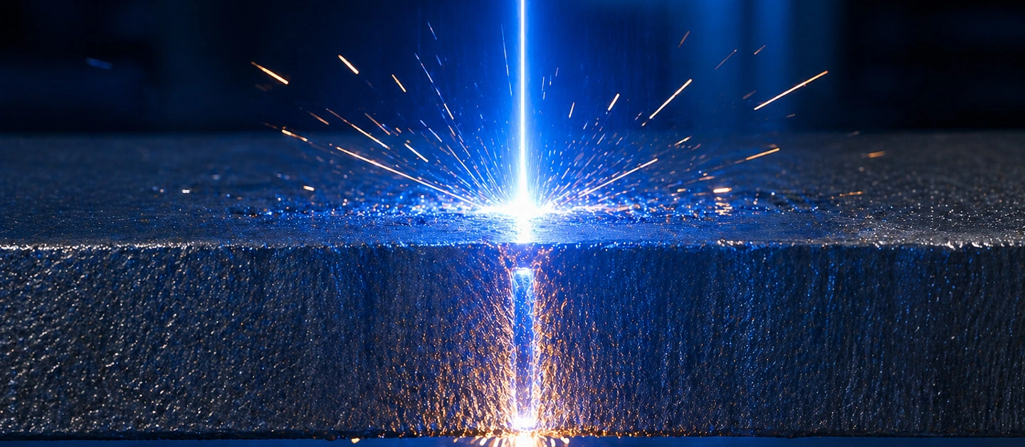 Macro shot of a fiber laser head performing instant 0.1s piercing on 20mm carbon steel.