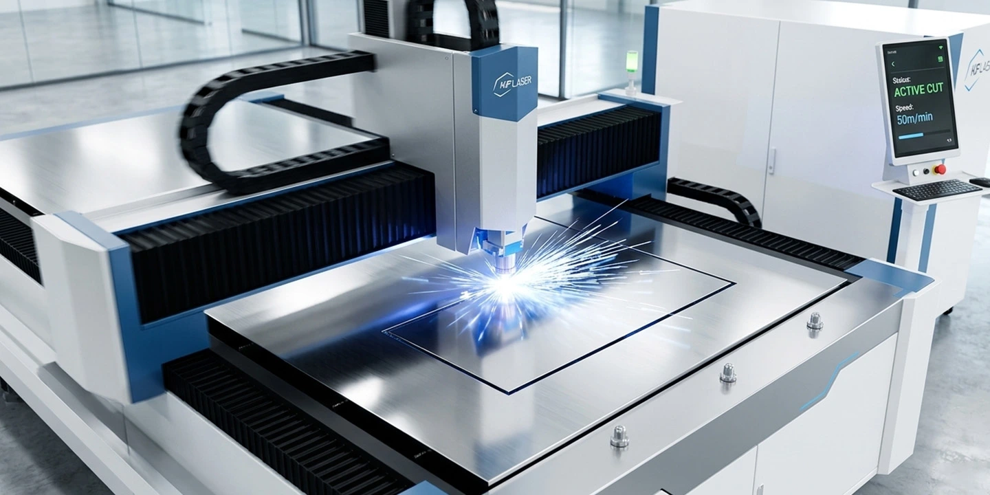 A laser cutting head performing high-speed maneuvers on a stainless steel plate with no dross.