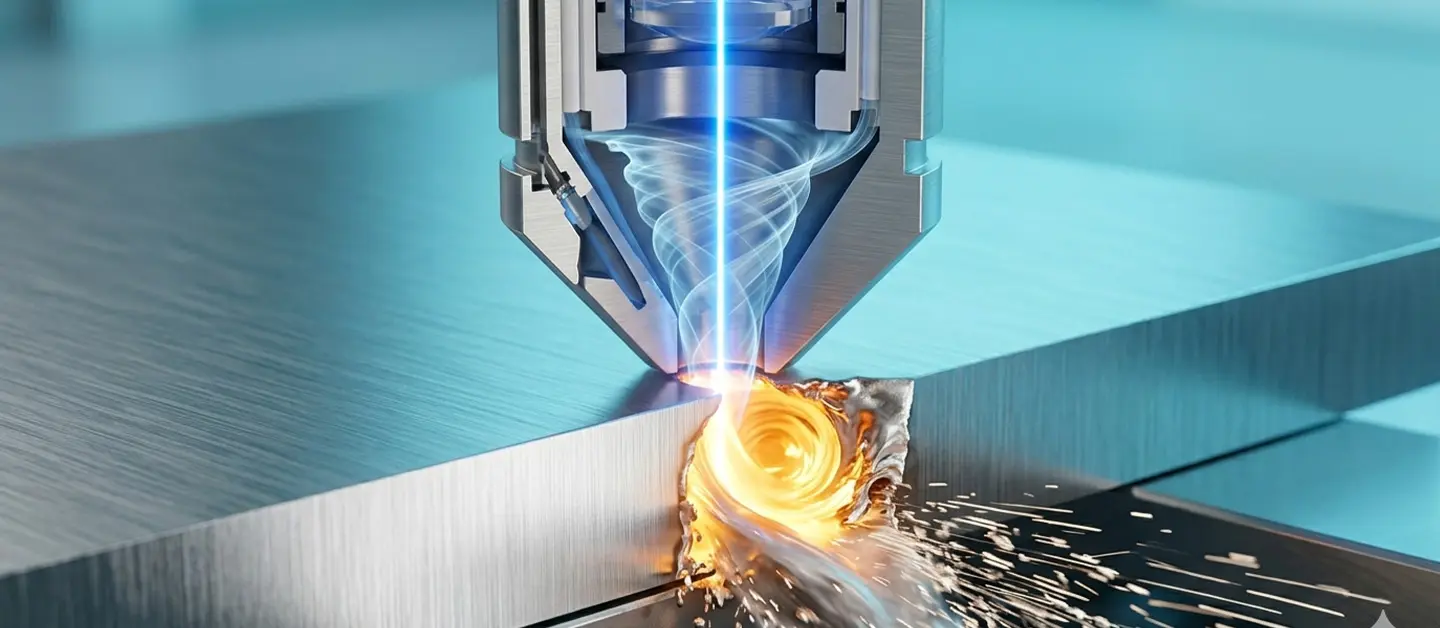 Technical macro shot of a laser nozzle using high-pressure nitrogen for stainless steel laser cutting.