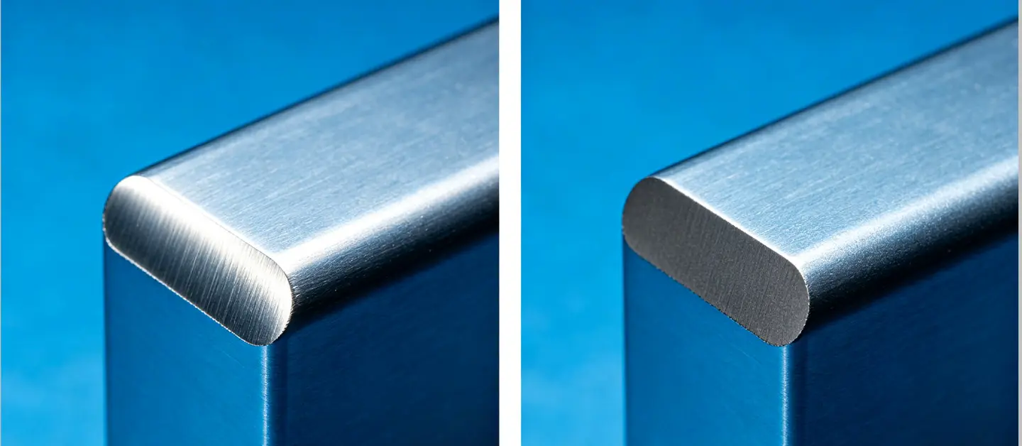 Comparison of stainless steel laser cutting edges: silver-bright (Nitrogen) vs dark grey (Compressed Air).