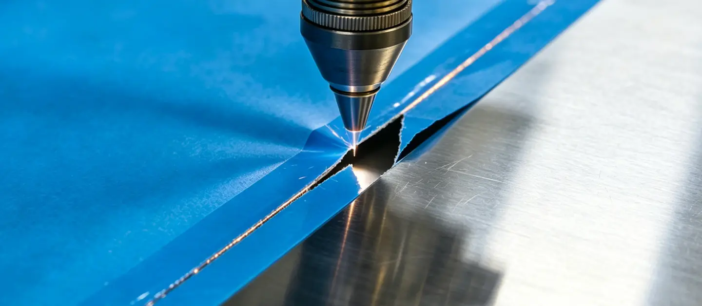 Laser pre-evaporation on a blue PVC-coated sheet during a stainless steel laser cutting operation.