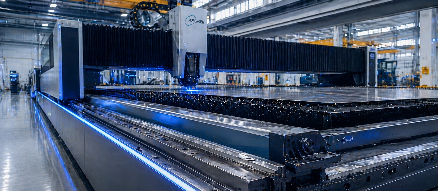 High-strength reinforced machine bed designed for high-acceleration thick plate laser cutting.