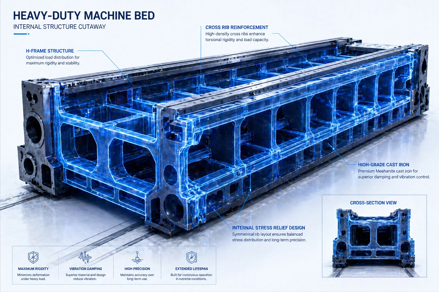 Internal view of the ribbed structural design and H-frame of a heavy-duty machine bed.