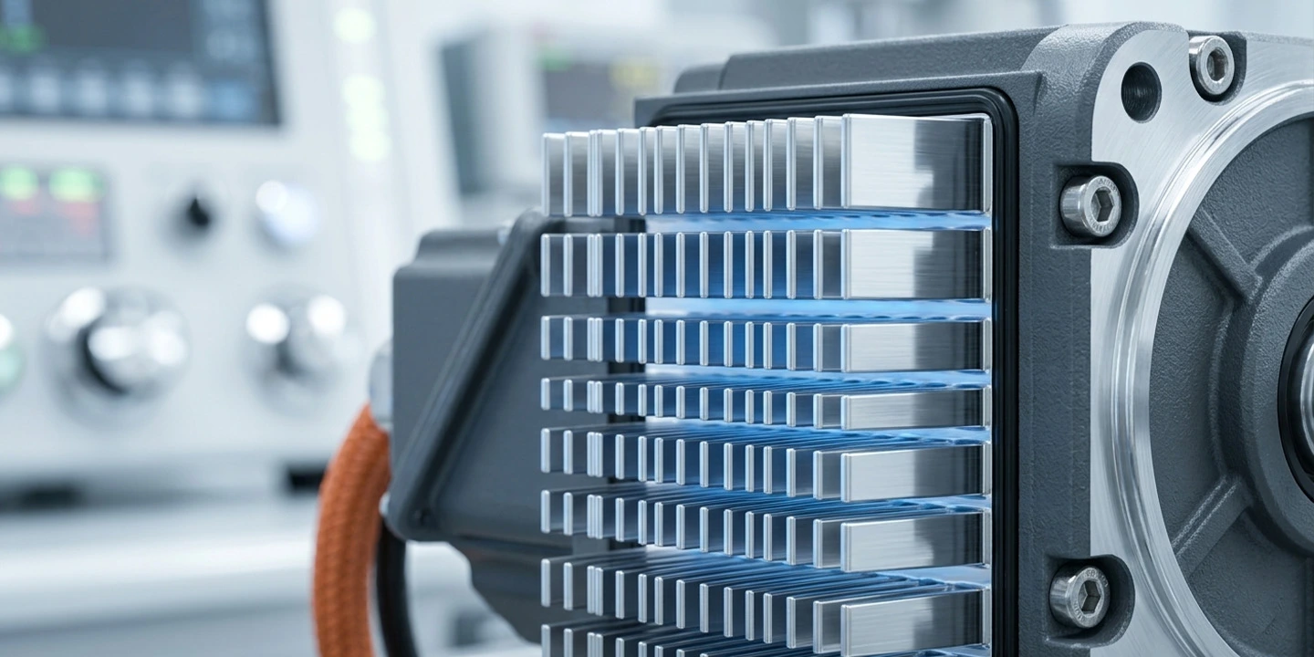 Close-up of specialized cooling fins on a high-power servo motor for thermal stability.