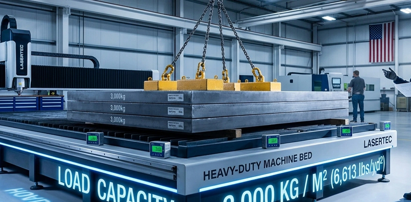 High-acceleration fiber laser cutting head on a vibration-damping heavy-duty machine bed.