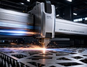 A 2026 fiber laser cutting machine featuring an aerospace aluminum gantry moving at high speed in a smart factory.