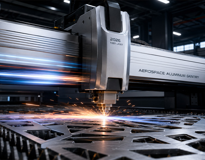 A 2026 fiber laser cutting machine featuring an aerospace aluminum gantry moving at high speed in a smart factory.