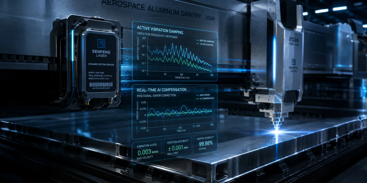 Holographic data overlay on an aluminum gantry showing real-time AI vibration monitoring and active damping.