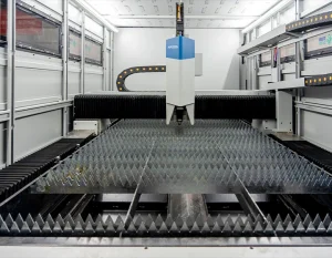 Dual-pallet automatic changer system integrated with a high-power fiber laser.