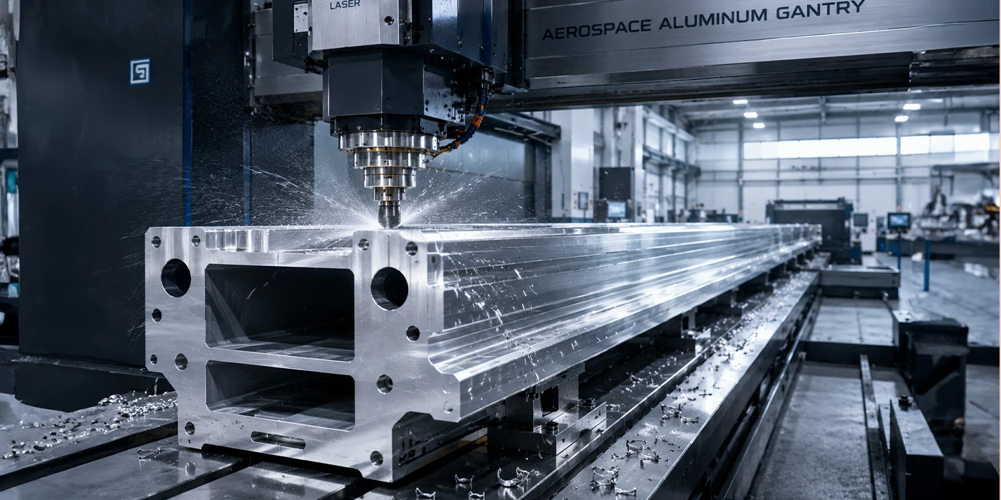 A large gantry milling machine finishing the mounting surfaces of an extruded aerospace aluminum beam.