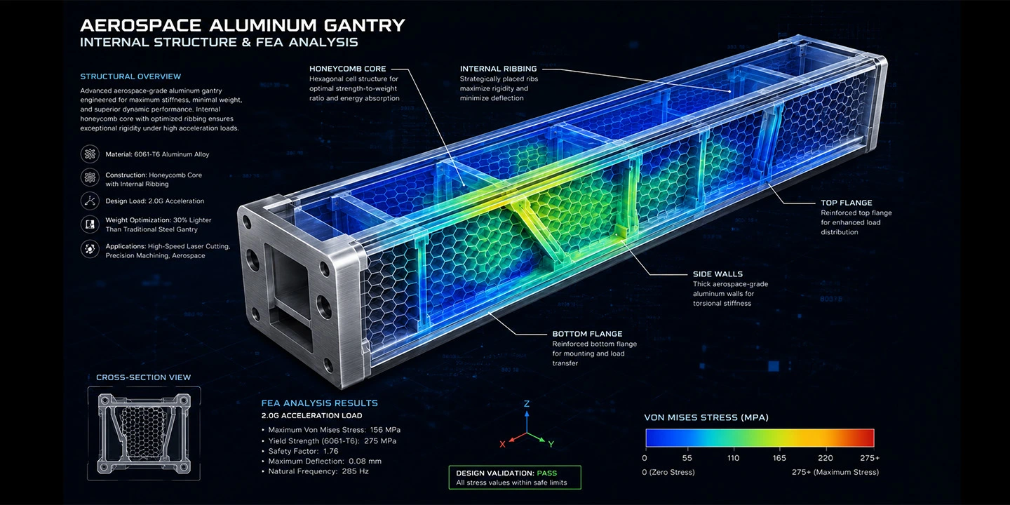 A 3D cutaway view of an aluminum gantry showing internal honeycomb structures and FEA stress heatmap.