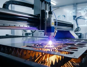 A high-precision industrial fiber laser cutting machine processing a metal sheet with vibrant sparks and a blue beam in a 2026-standard smart factory with digital global trade displays.