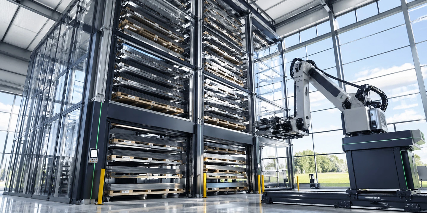 Modular pallet storage tower system for automated raw material feeding.
